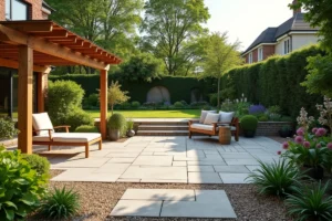 Vue d'ensemble d'un espace extérieur résidentiel aménagé avec terrasse, pergola, mobilier de jardin et végétation luxuriante