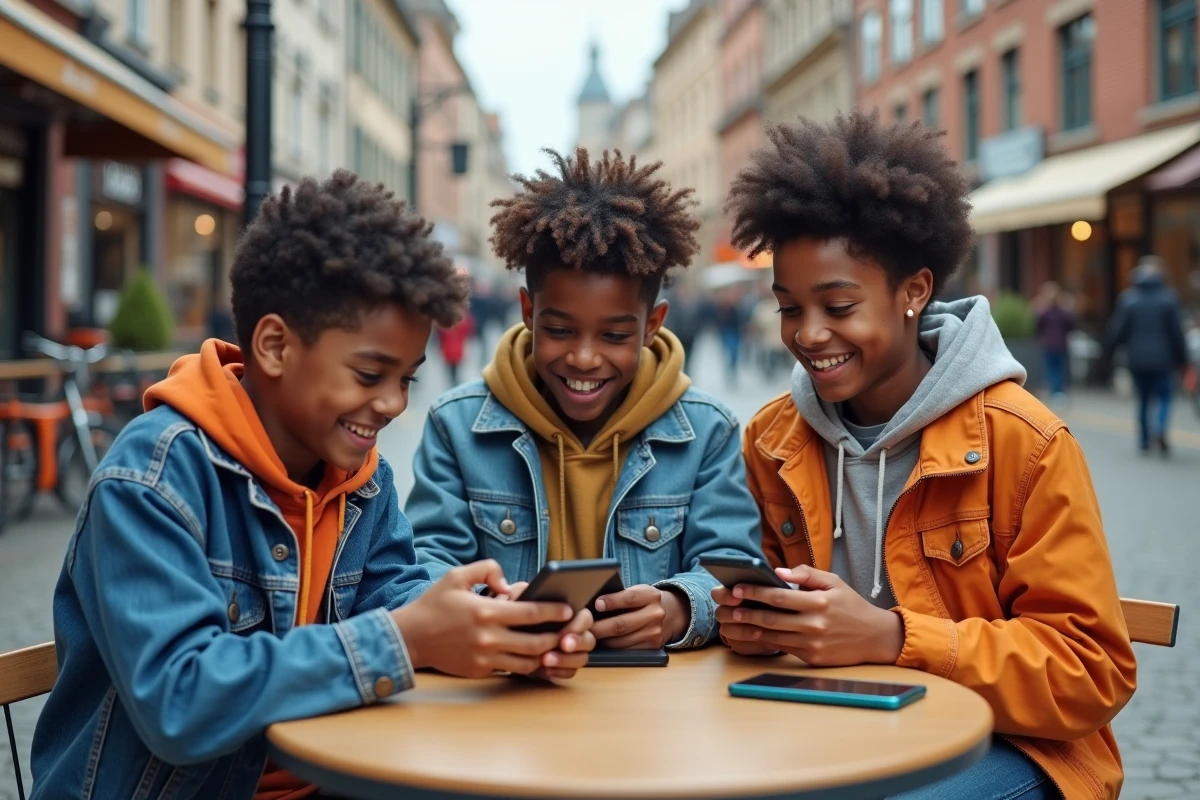 Trois adolescents découvrant des gadgets en extérieur