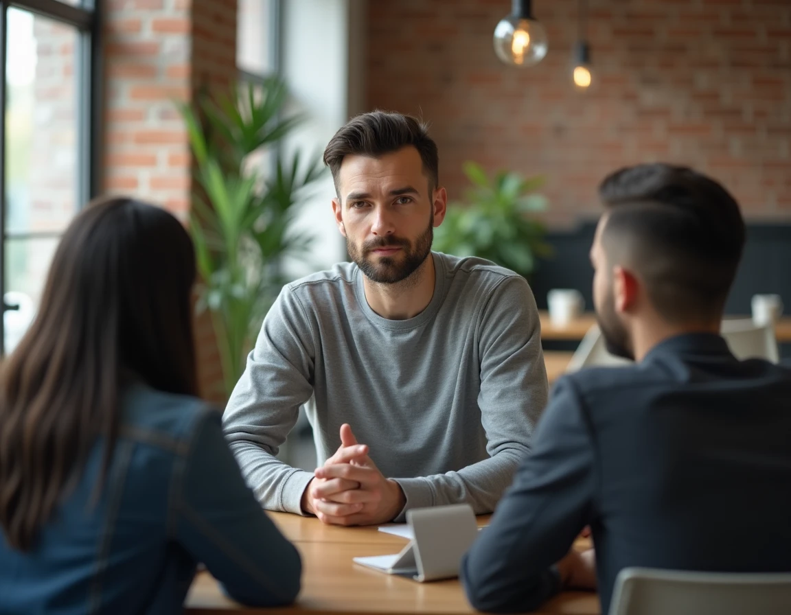 Homme grand assis en entretien dans un espace de co-working, représentant le profil public d'Arthur Mensch PDG de Mistral AI