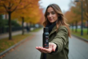 Femme tenant une bombe au poivre compacte dans la main en milieu urbain