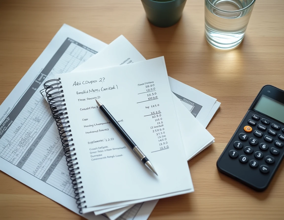 Vue de dessus d'un bureau avec cahier de calculs financiers et calculatrice pour déterminer le solde moyen d'un compte courant d'associé
