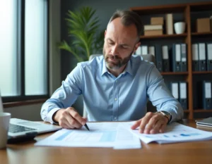 Homme d'affaires calculant le solde moyen d'un compte courant d'associé sur des feuilles de calcul financières dans un bureau professionnel