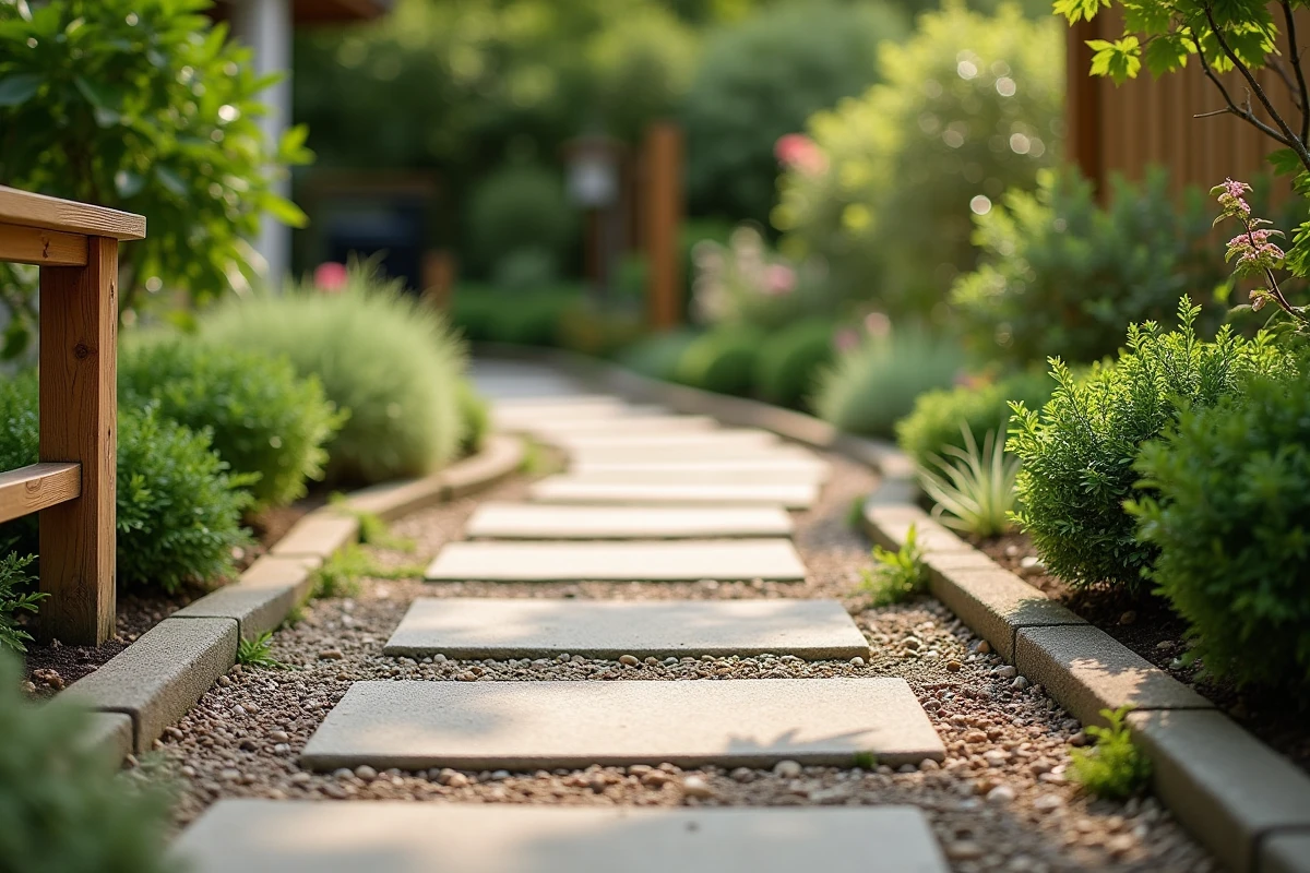 Cheminement en pente douce avec gravier stabilisé et main courante en bois, alternative accessible aux escaliers dans un jardin résidentiel