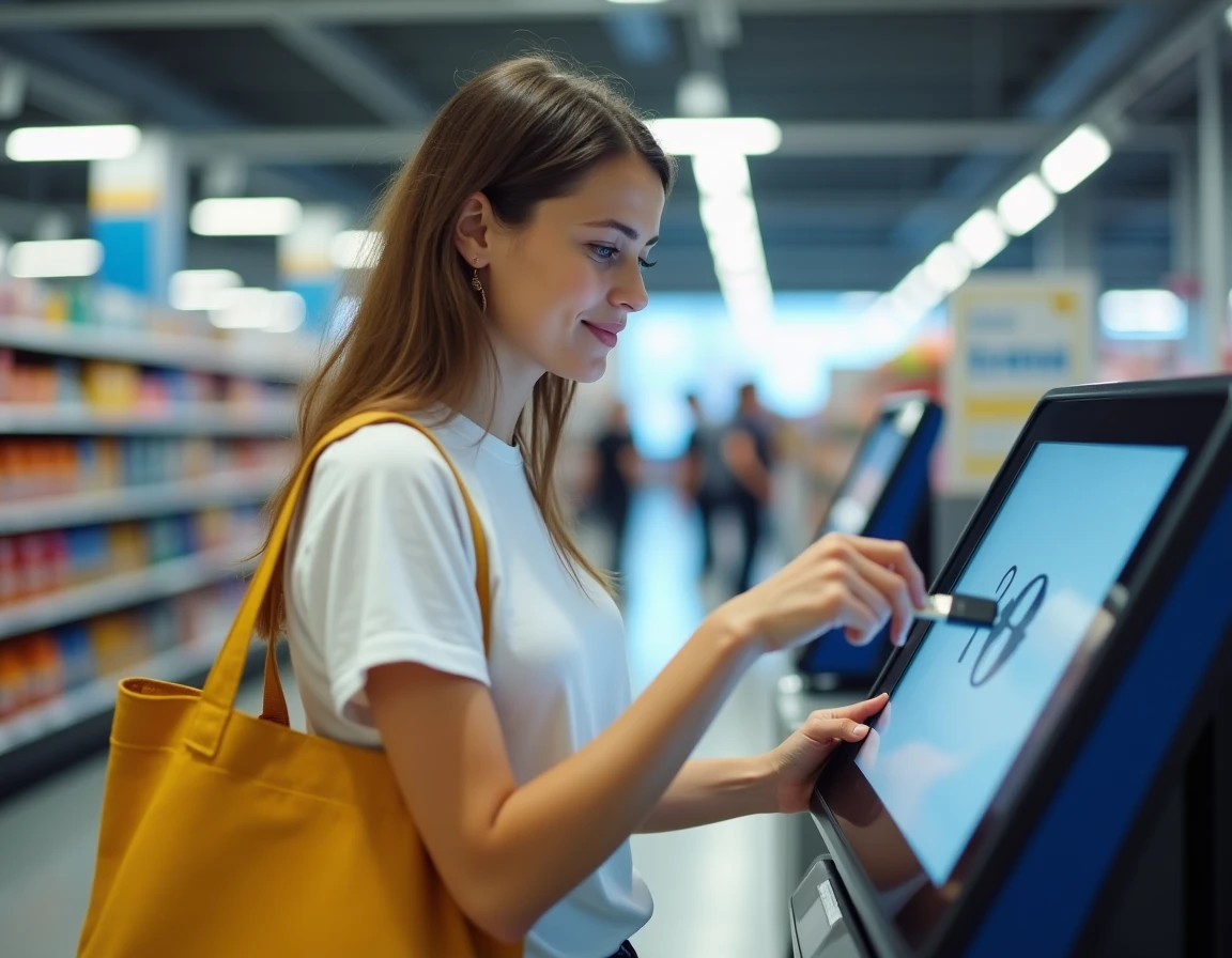 Jeune femme insérant une clé USB dans une borne d'impression en libre-service en supermarché