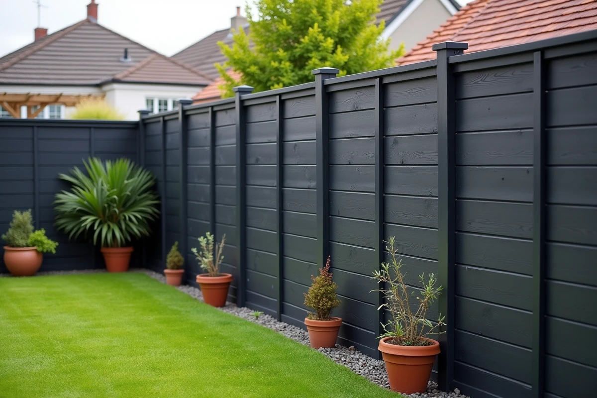 Clôture composite à texture bois en finition anthracite installée en limite de jardin résidentiel, nécessitant peu d'entretien