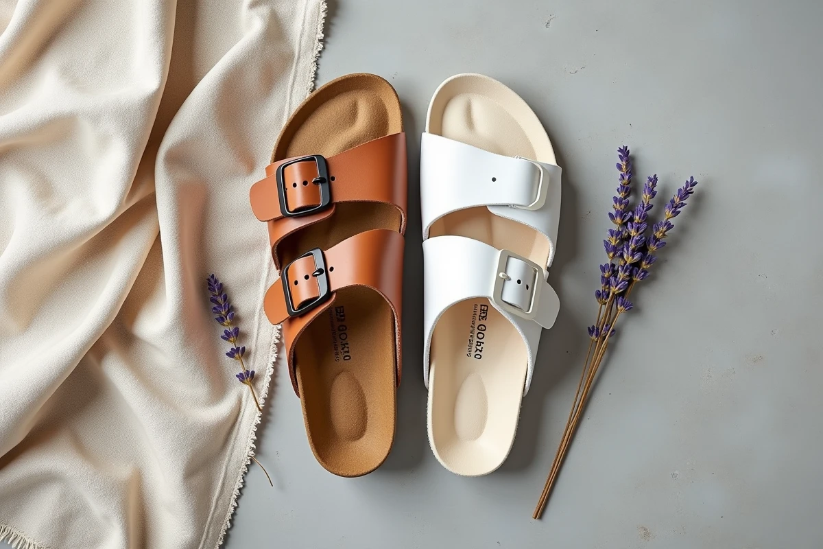 Comparaison côte à côte d'une sandale Birkenstock en liège et d'une sandale orthopédique Scholl en vue du dessus