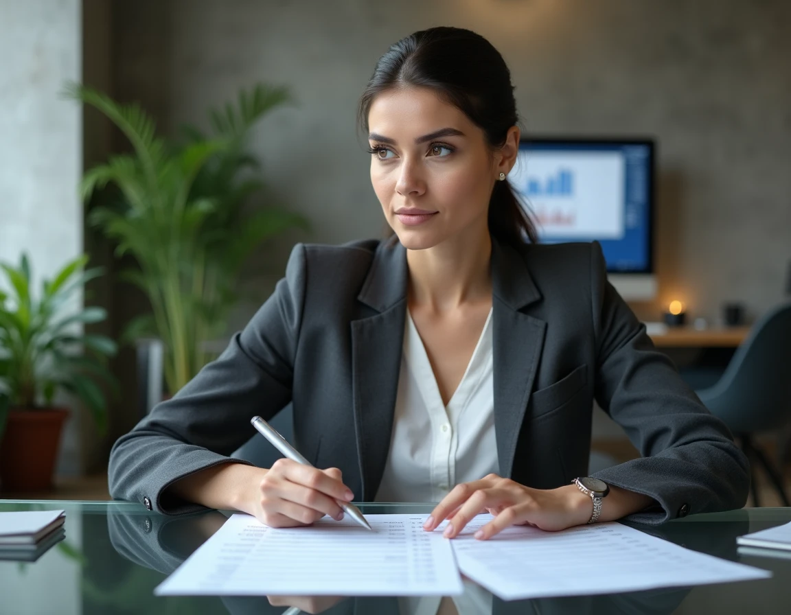 Femme comptable annotant un bilan de compte courant d'associé dans un espace de co-working contemporain