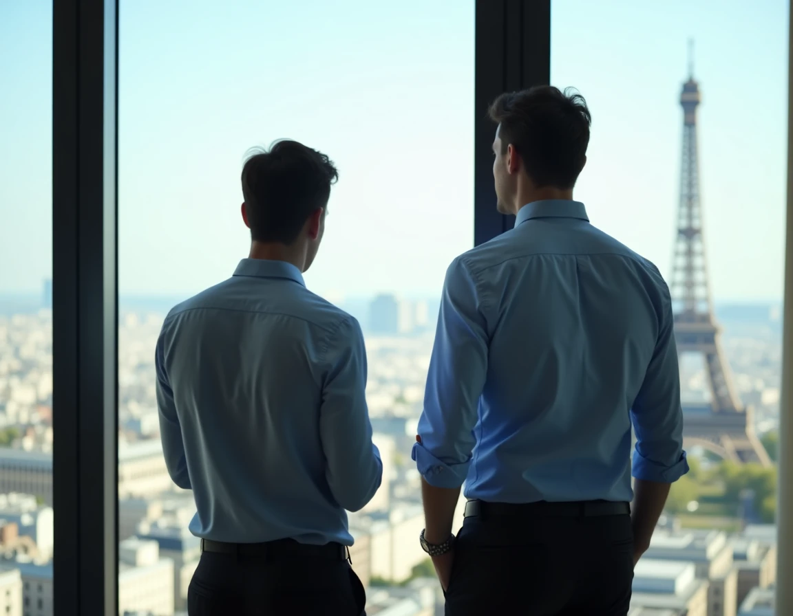 Contraste de taille entre deux hommes devant une vue panoramique de Paris, illustrant l'intérêt pour la stature d'Arthur Mensch