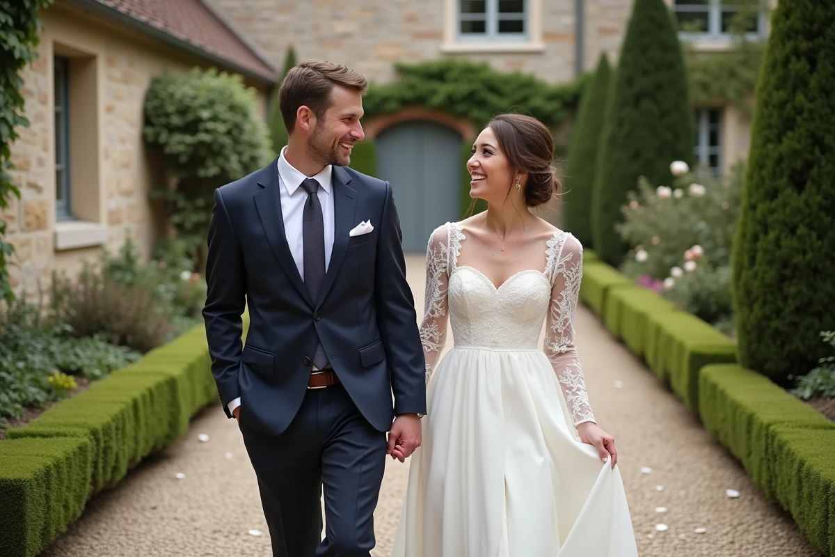 Jeune couple heureux en mariage dans un jardin charmant