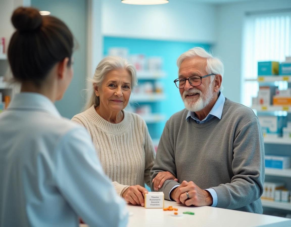 Couple de personnes âgées en pharmacie s'informant sur les risques des compléments Azinc Senior