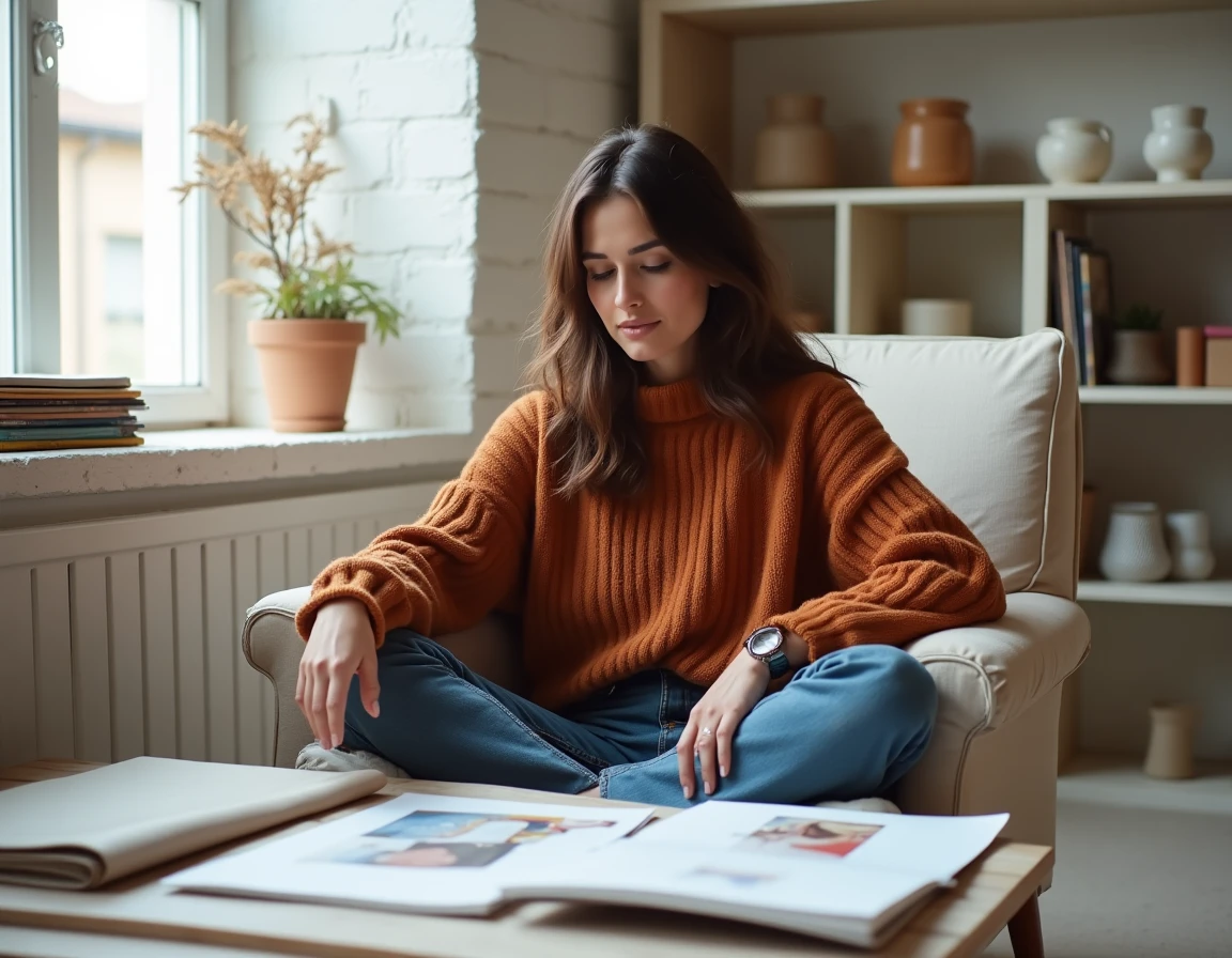Créatrice de mode assise dans un studio maison cosy, entourée de planches tendances et d'échantillons de tissu, pull grosse maille rouille