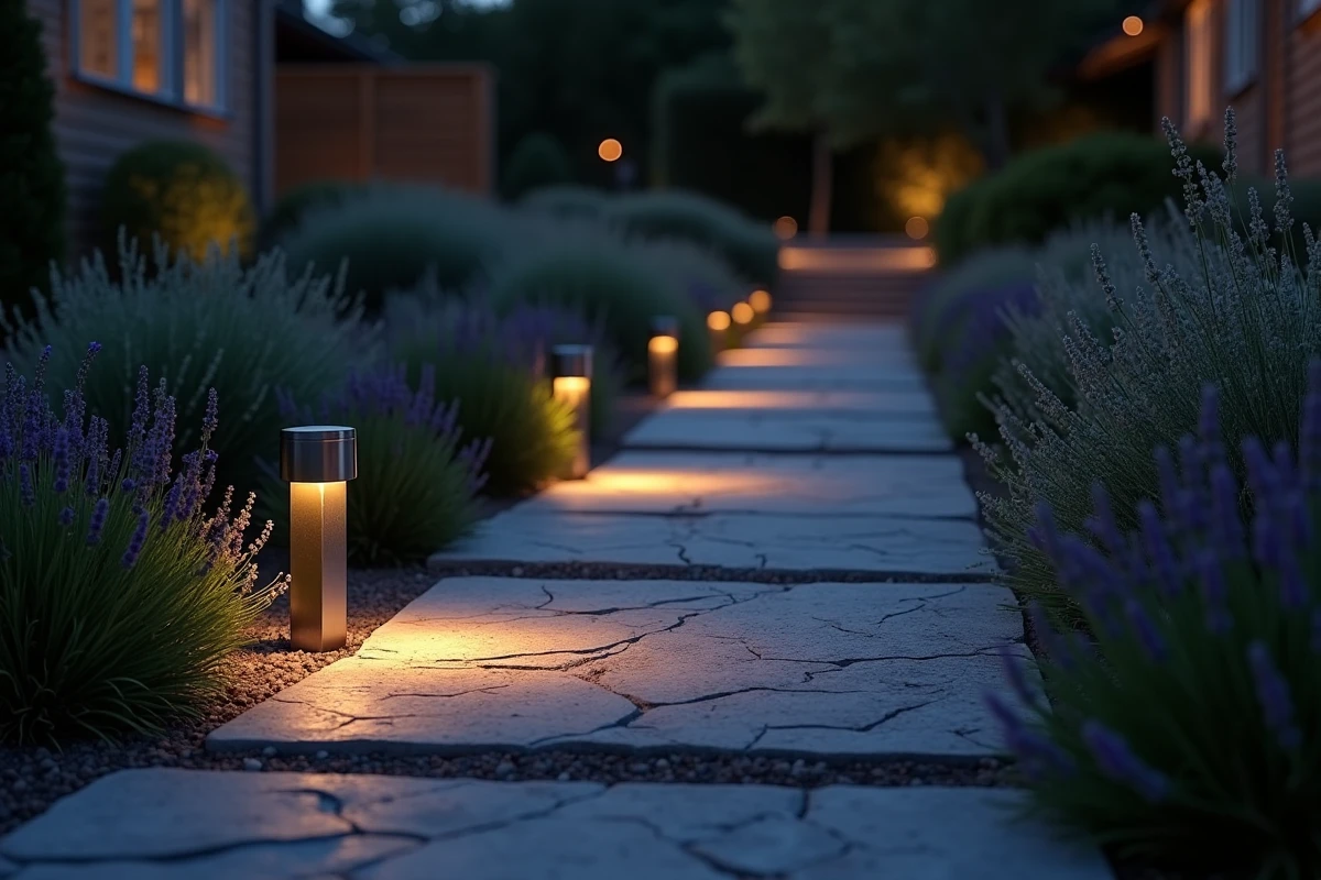 Balisage au sol basse tension avec luminaires LED encastrés le long d'un cheminement de jardin résidentiel au crépuscule