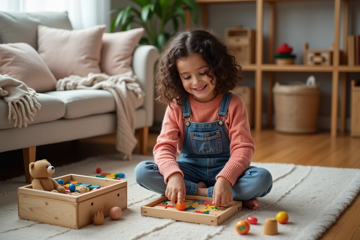 Jeune fille jouant avec des jouets d'occasion en bois et puzzles vintage sur un tapis de salon