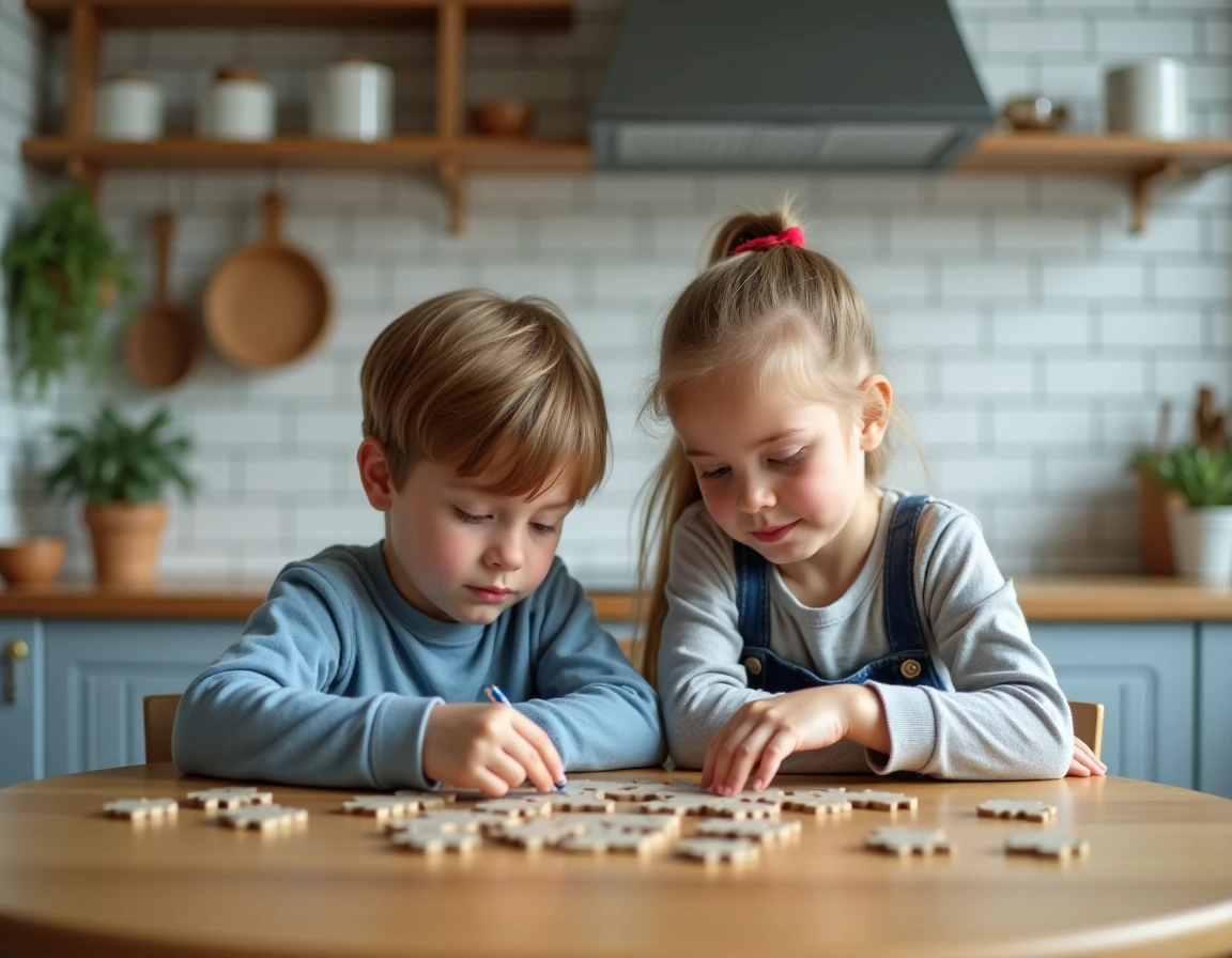 Deux enfants travaillant ensemble sur un puzzle à la table de cuisine, développant leur coopération et leur épanouissement au quotidien