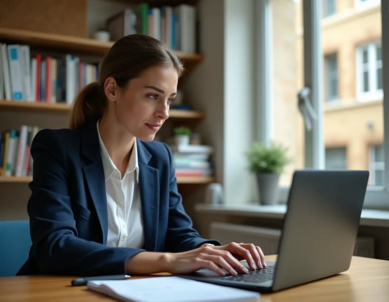 Enseignante utilisant la messagerie webmail de l'académie de Strasbourg sur son ordinateur portable dans une salle des professeurs