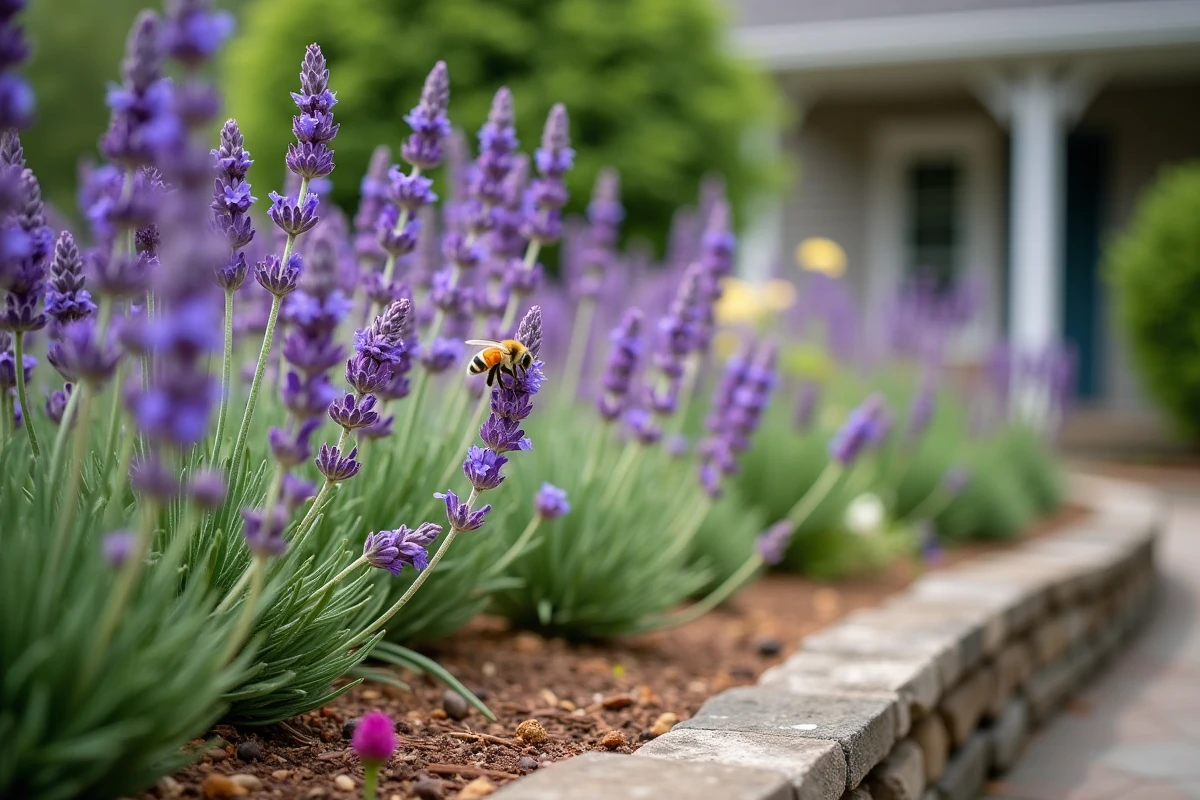 Bordure de jardin plantée d'espèces mellifères locales en fleur avec une abeille butinant sur la lavande, conformément aux préconisations réglementaires