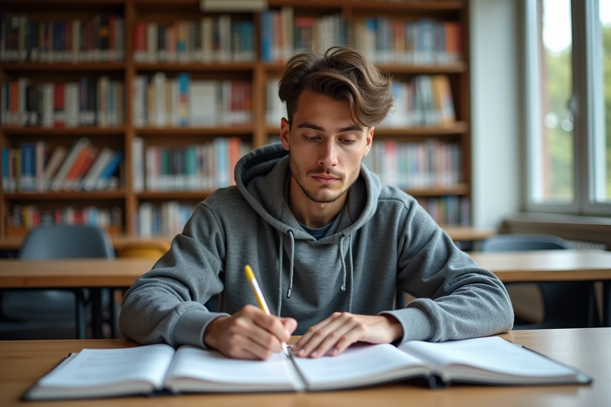 Étudiant en sciences de la santé préparant ses cours de parapharmacie dans une bibliothèque universitaire avec des manuels ouverts