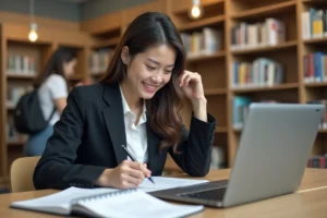 Jeune femme étudiante consultant des offres d'emploi dans une bibliothèque universitaire moderne