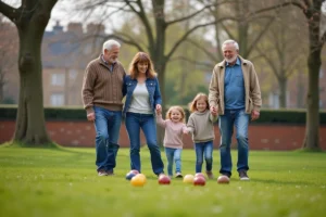Famille multigenerations jouant à la pétanque dans un parc