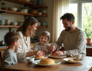 Famille réunie autour d'une table en bois pour un petit-déjeuner convivial le matin, parents et enfants partageant un moment chaleureux dans une cuisine rustique