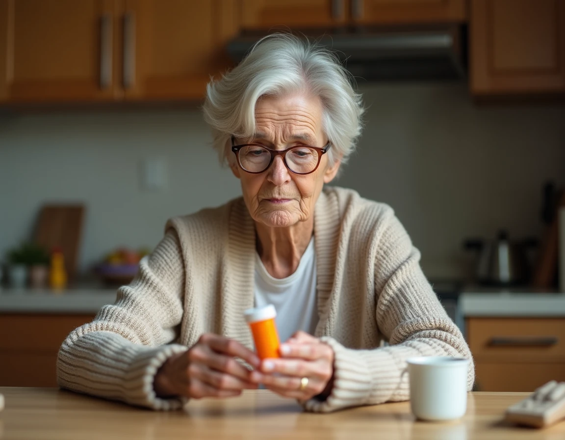 Femme âgée examinant attentivement un flacon de compléments alimentaires Azinc Senior à la maison