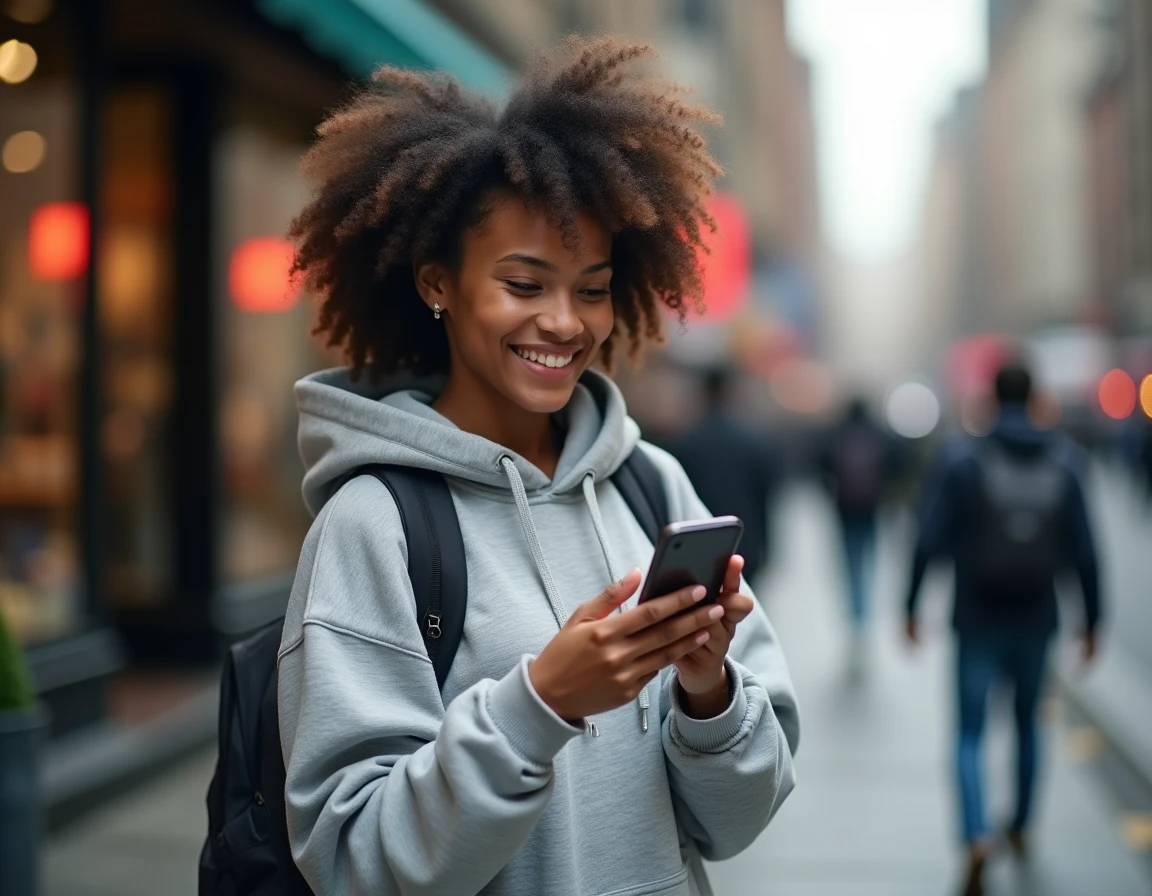 Jeune femme consultant l'application YouTube sur smartphone dans une rue urbaine animée, illustrant l'omniprésence de la plateforme appartenant à Google