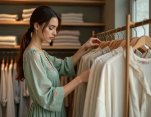 Jeune femme élégante en robe vert sauge dans une boutique de mode parisienne minimaliste, parcourant un portant de vêtements pastel et naturels