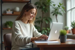 Femme concentrée travaillant sur son ordinateur dans un bureau cosy