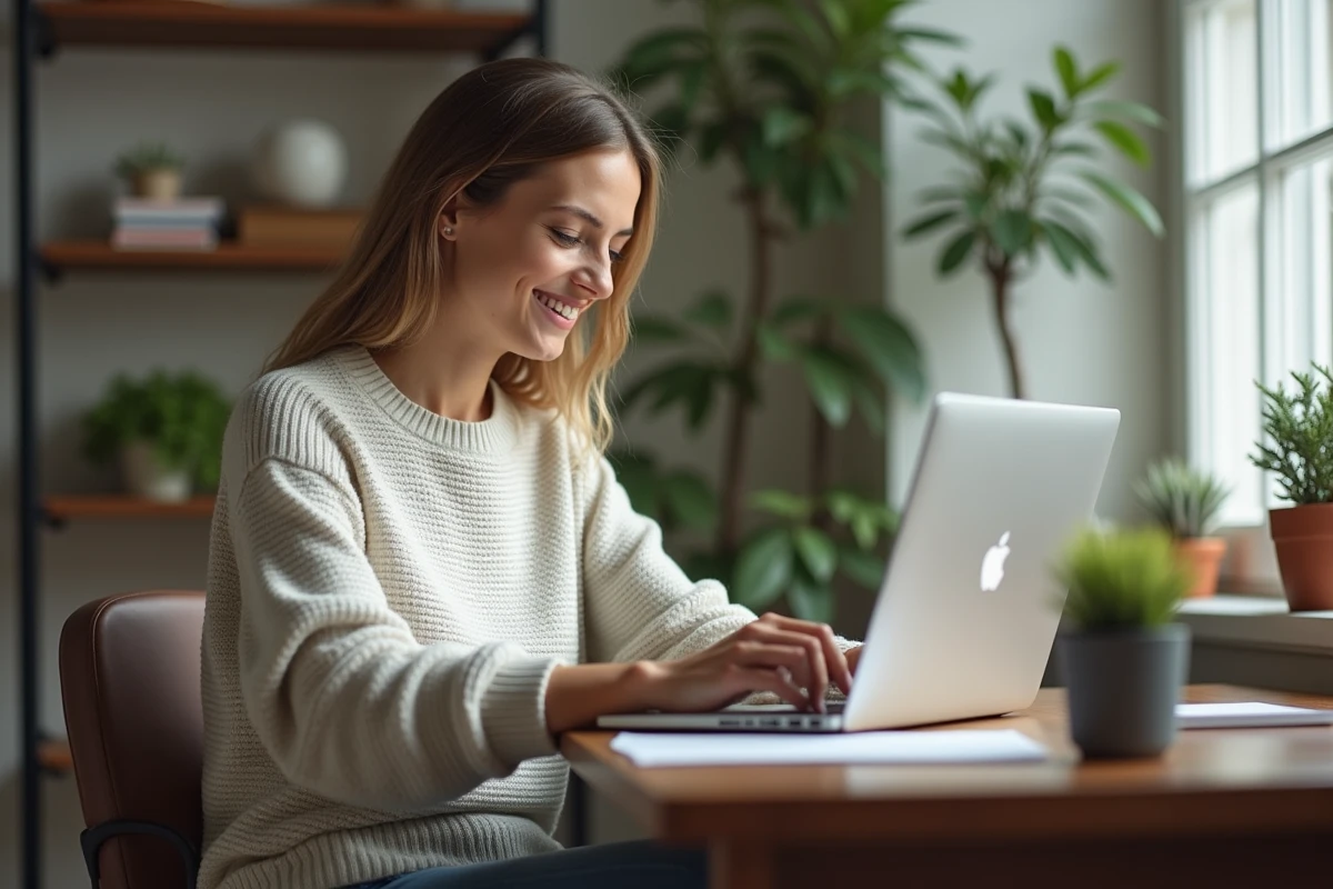 Femme concentrée travaillant sur son ordinateur dans un bureau cosy