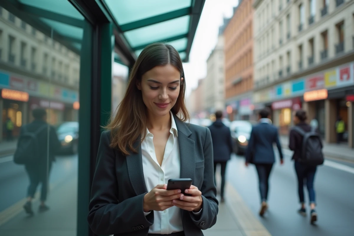 Jeune femme dans un arrêt de bus urbain utilisant son smartphone
