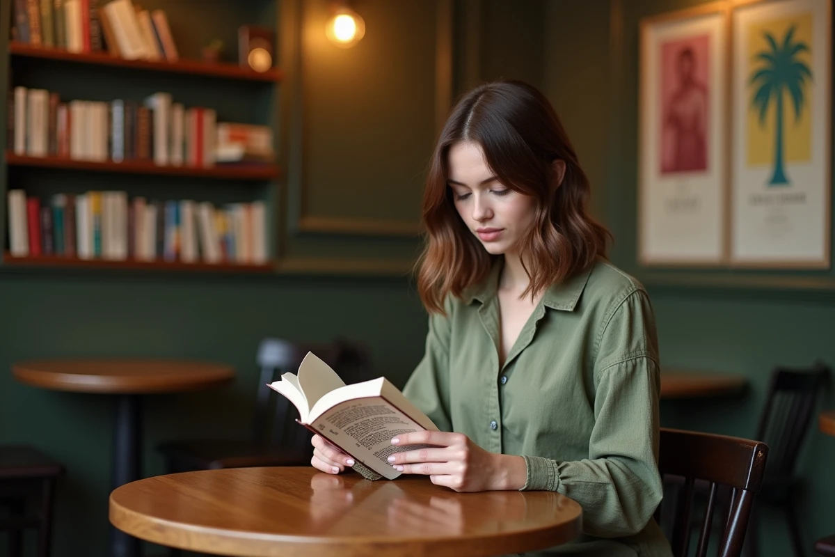 Jeune femme lisant dans un café parisien cosy