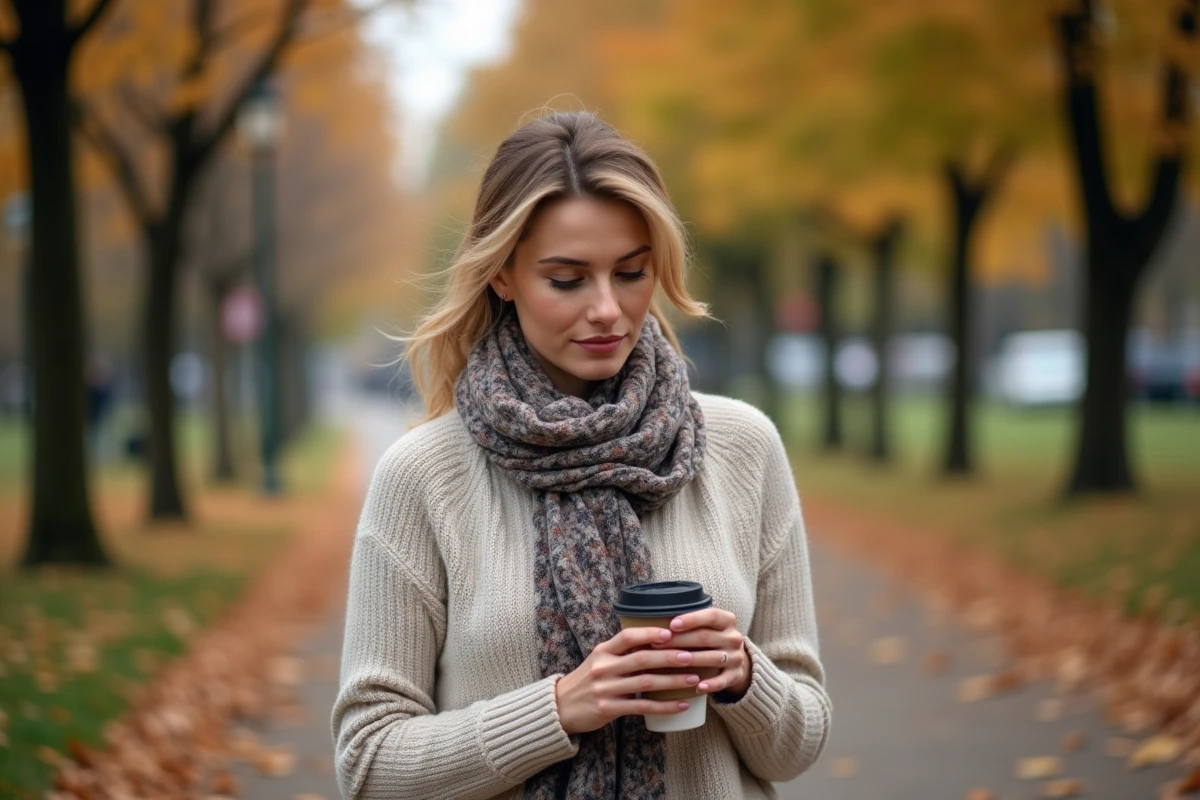 Femme marchant dans un parc automnal avec un café