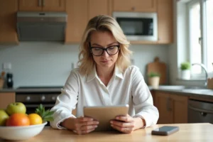 Femme d'âge moyen lisant des nouvelles santé sur tablette