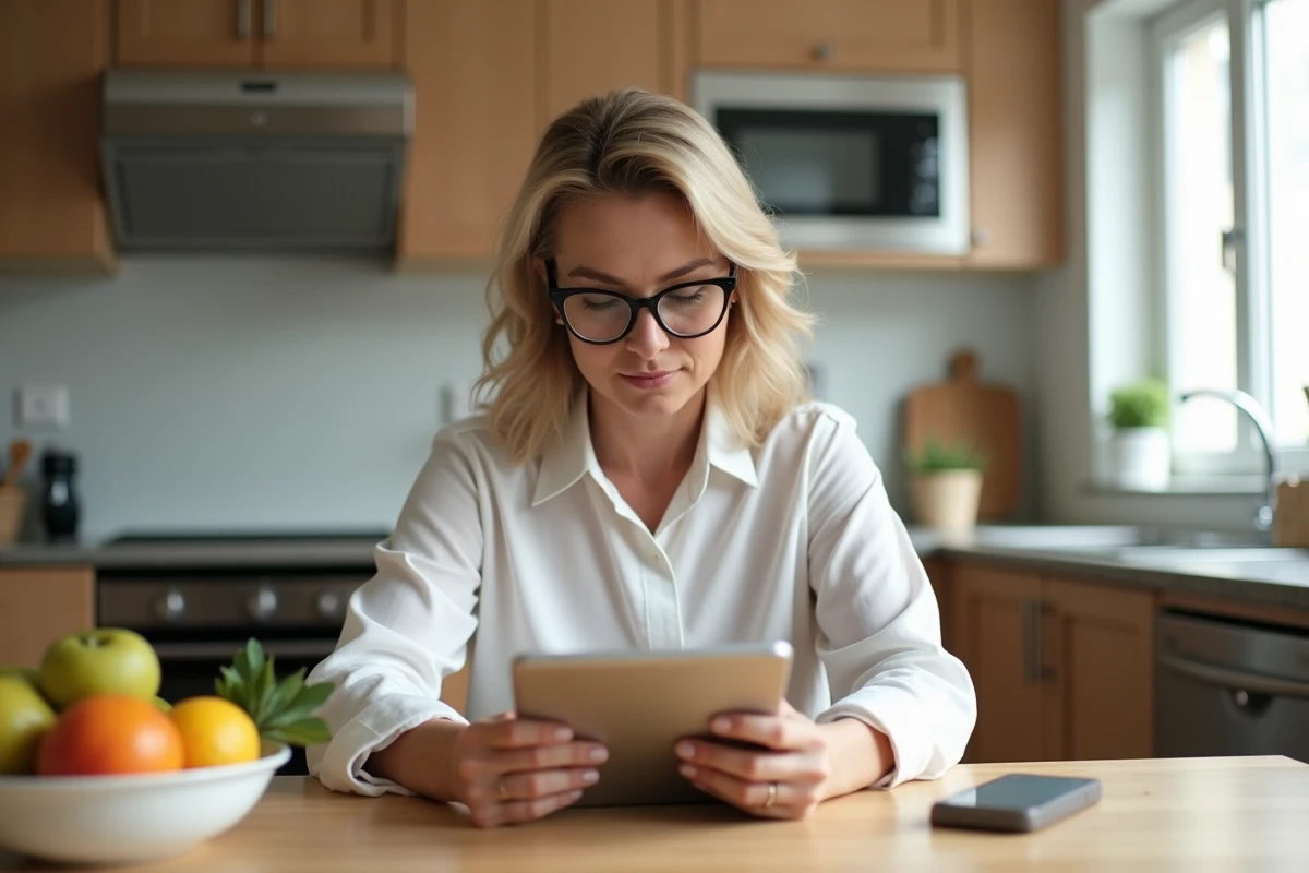Femme d'âge moyen lisant des nouvelles santé sur tablette