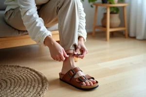 Femme essayant une sandale à semelle en liège de type Birkenstock dans un intérieur scandinave minimaliste