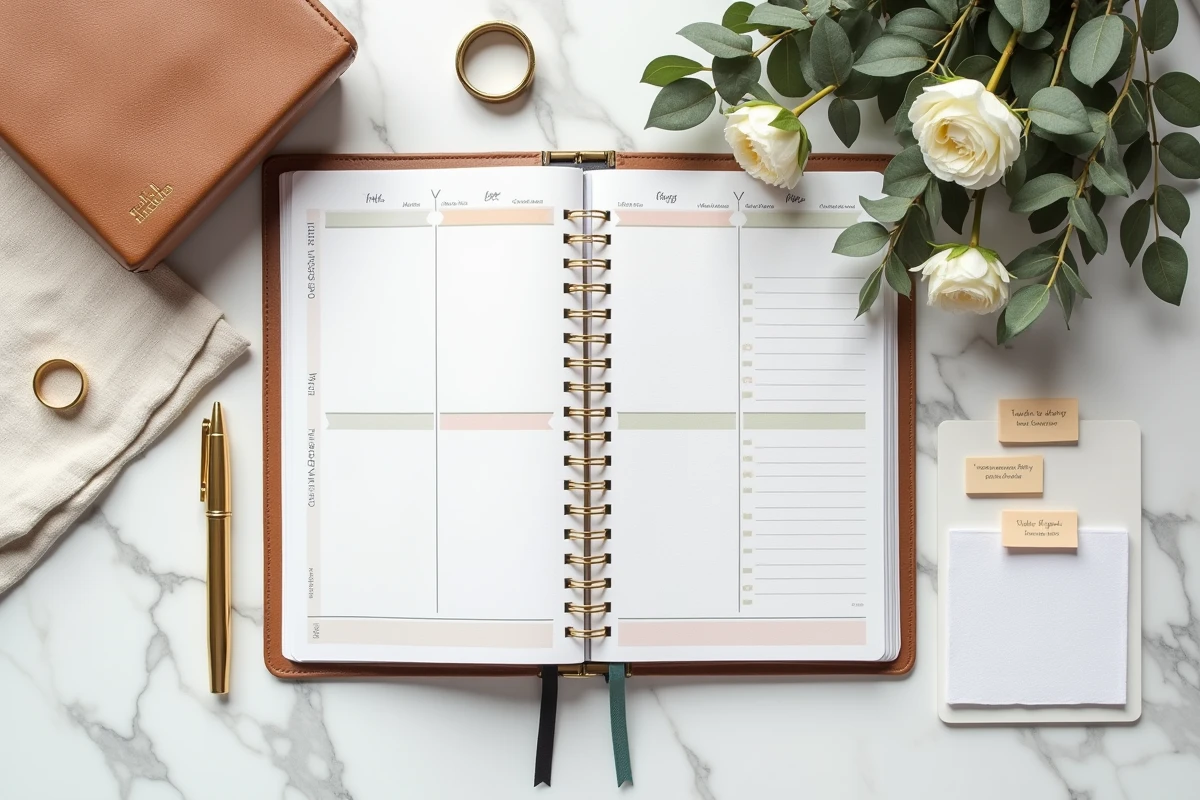 Vue aérienne d'un flat lay d'organisation de mariage avec agenda en cuir, invitations gravées, alliances dorées et fleurs séchées sur marbre blanc