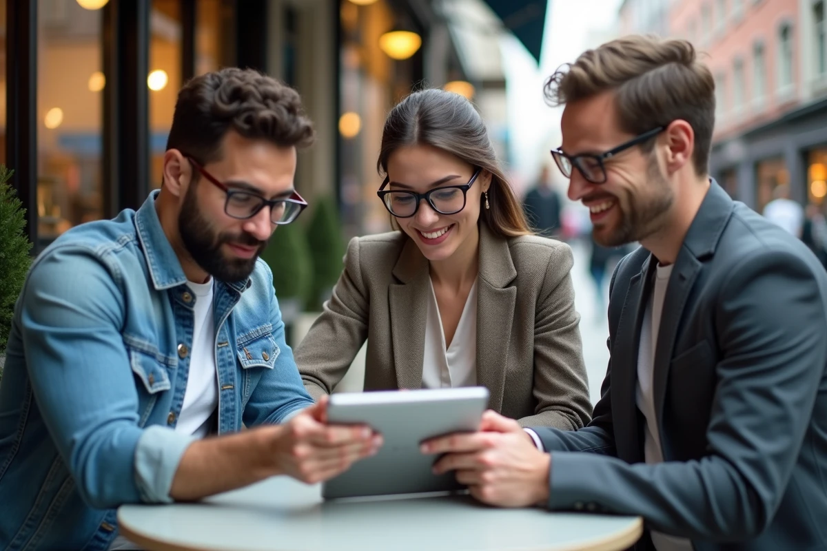 Groupe de entrepreneurs divers analysant des données en extérieur