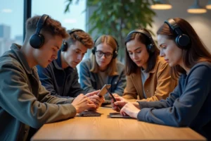 Jeunes adultes avec gadgets dans un lounge moderne