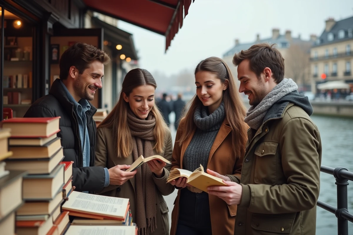Groupe d amis discutant autour de livres sur la Seine