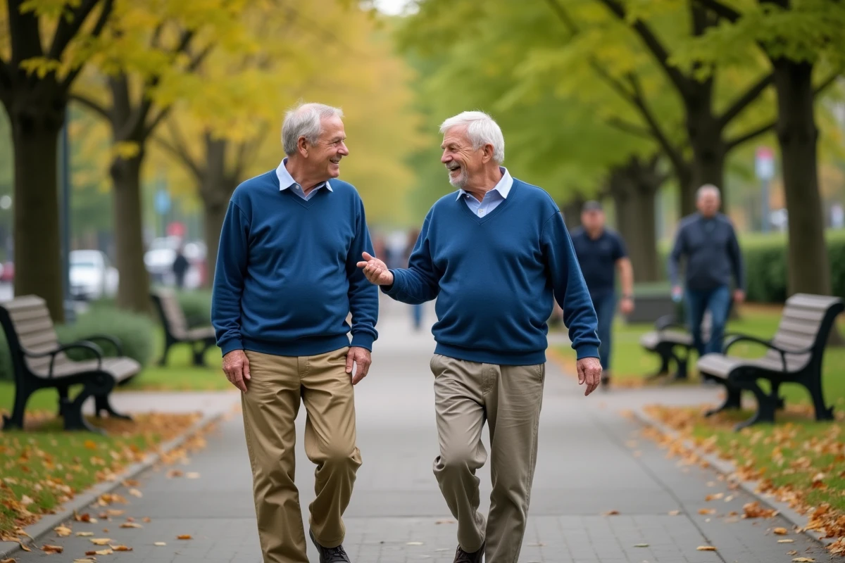 Homme âgé marchant dans un parc en discutant avec un ami