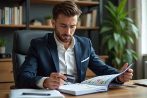 Homme en costume bleu examinant un planner dans un bureau moderne