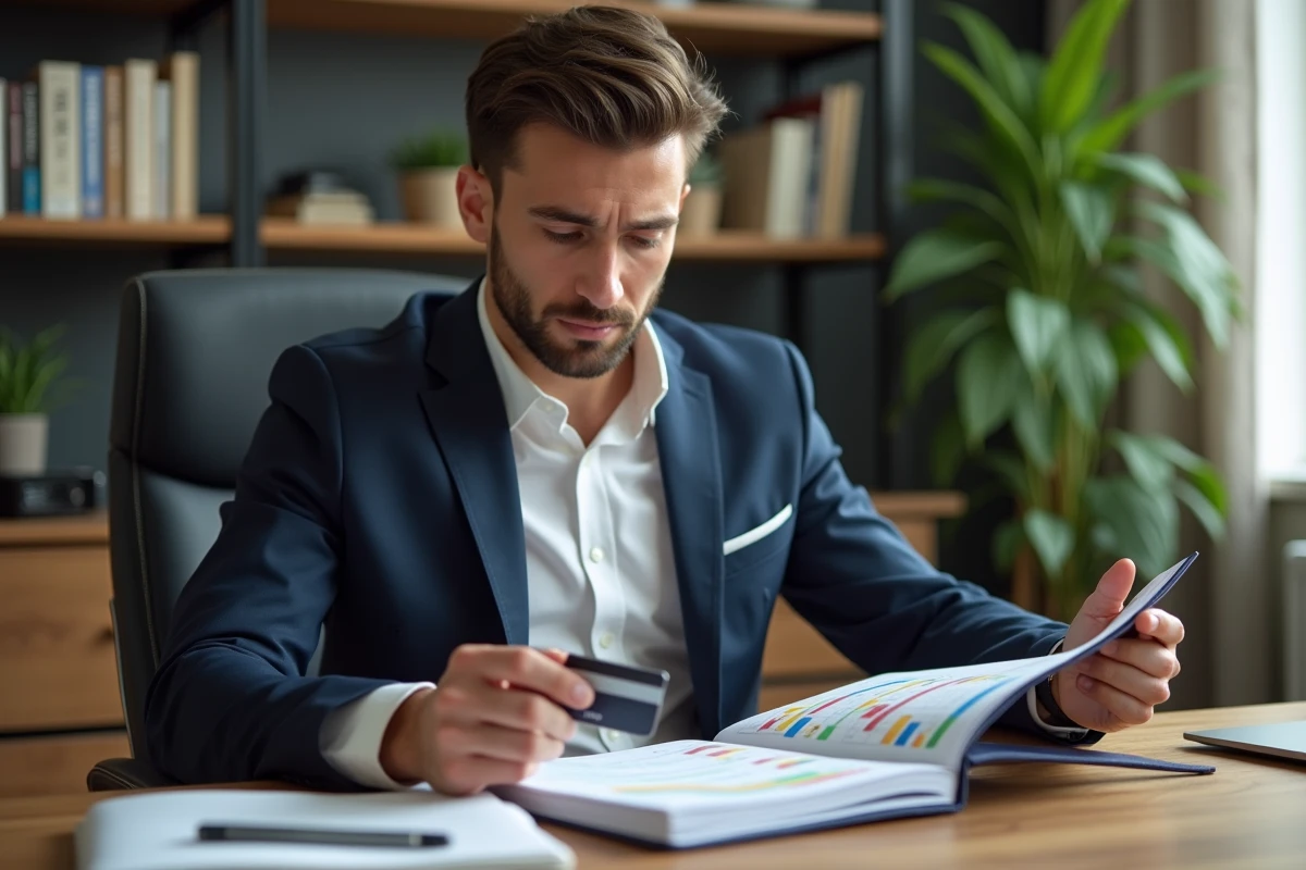 Homme en costume bleu examinant un planner dans un bureau moderne