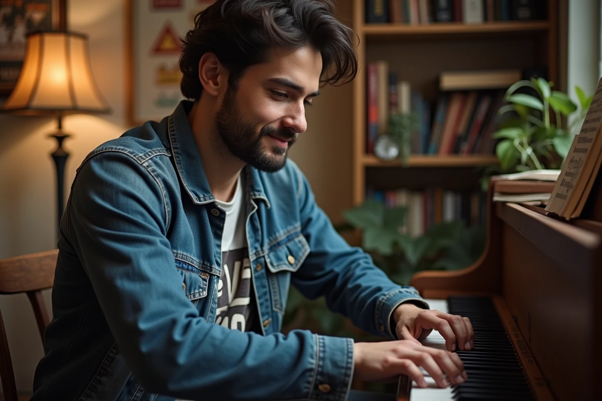 Homme assis au piano vintage dans un salon chaleureux