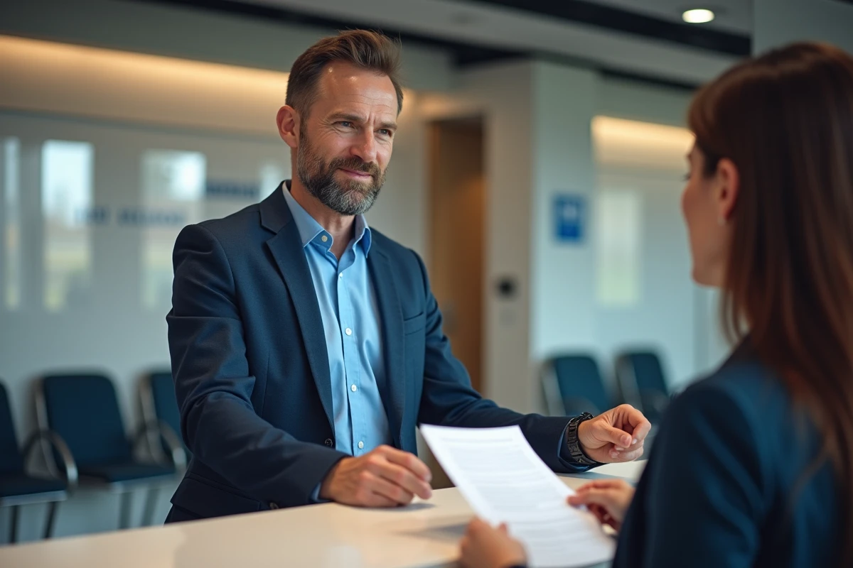Homme daffaires remettant un document à la réception dune agence d