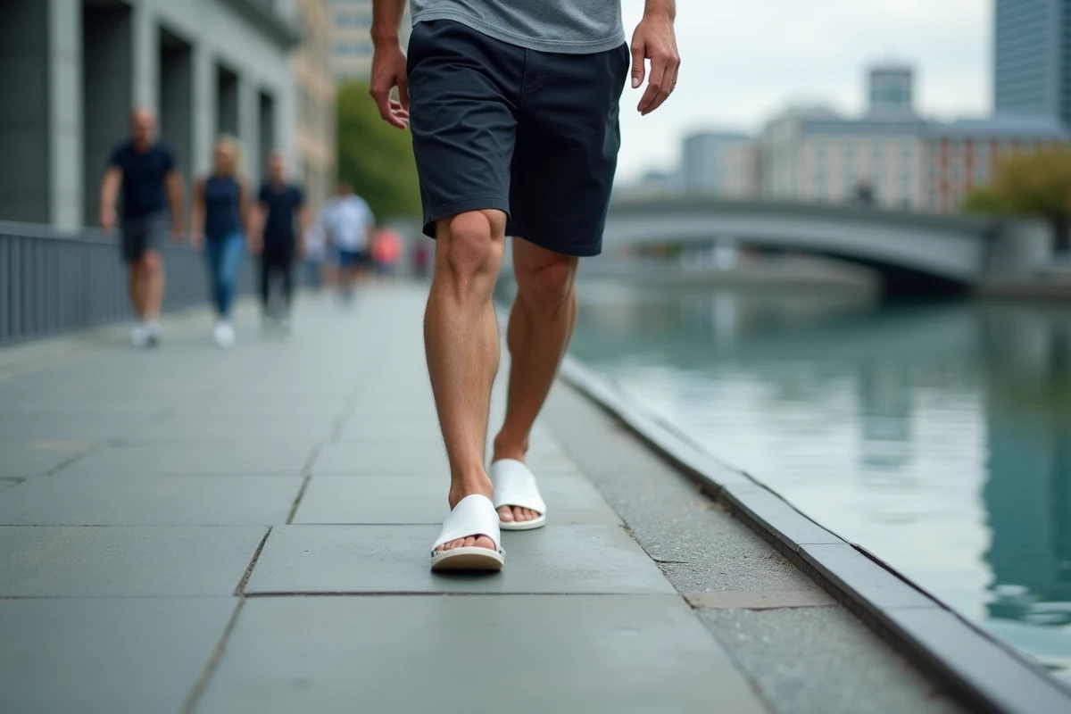 Homme marchant en sandale orthopédique type Scholl sur un quai urbain en béton