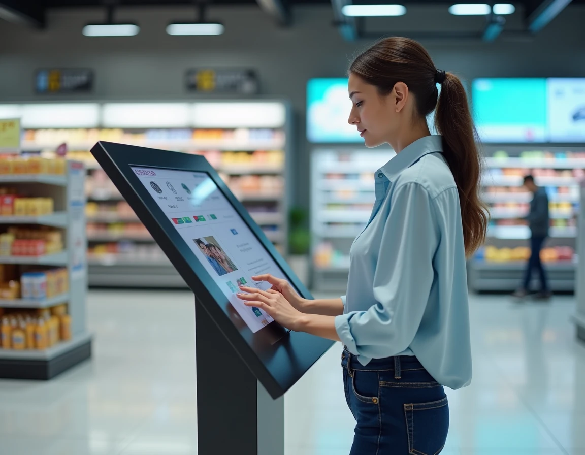 Femme utilisant une borne d'impression en libre-service dans un supermarché Carrefour