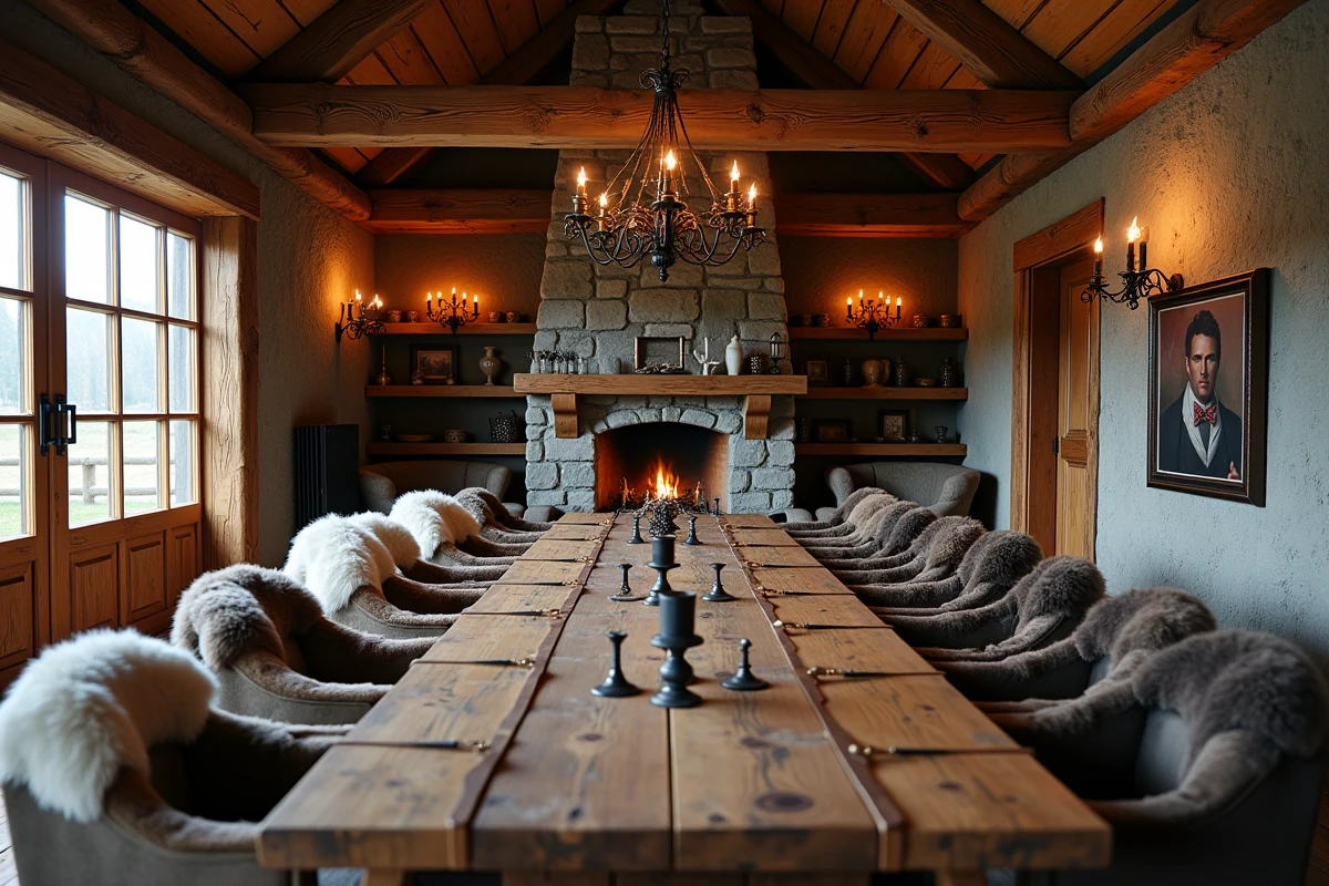 Intérieur rustique d'une demeure nordique médiévale avec cheminée en pierre, poutres en bois et mobilier de style Skyrim