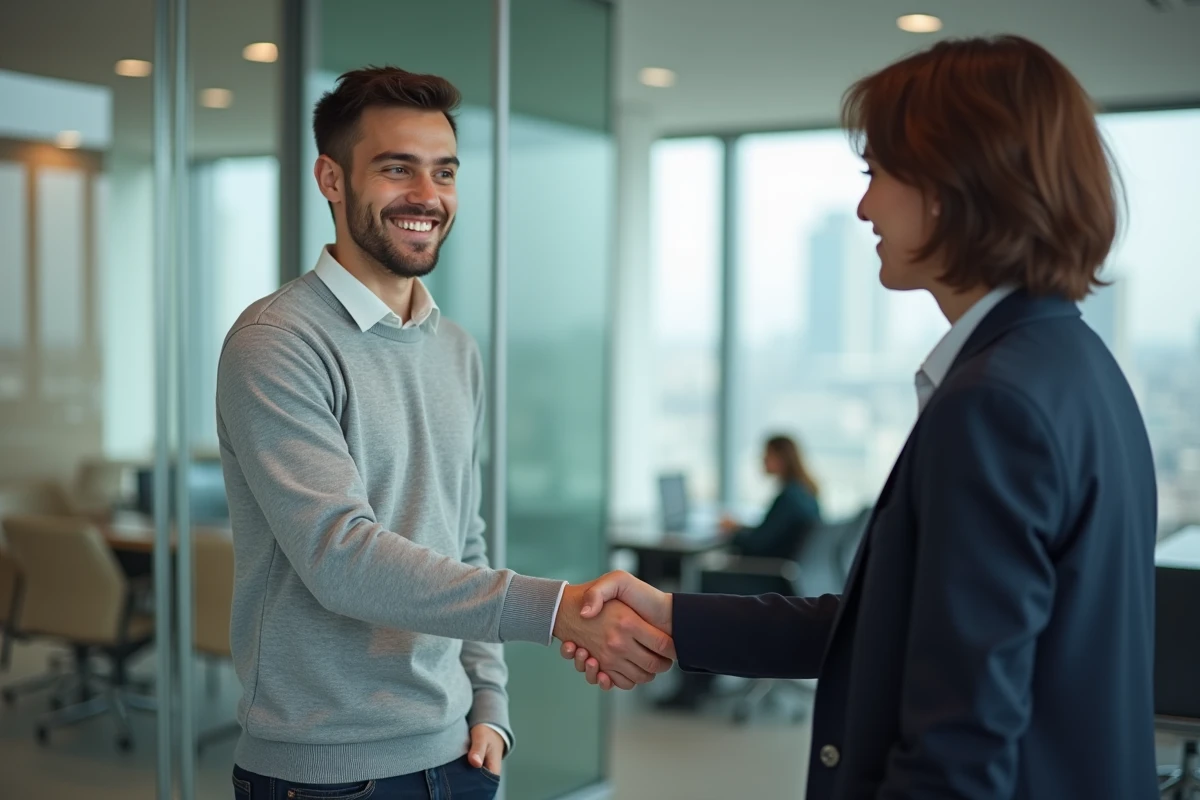 Jeune diplômé serrant la main d'un recruteur lors d'un entretien d'embauche professionnel