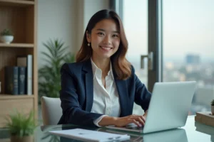Jeune femme professionnelle au bureau avec ordinateur portable