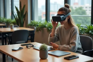 Jeune femme en coworking avec casque VR et gadgets modernes